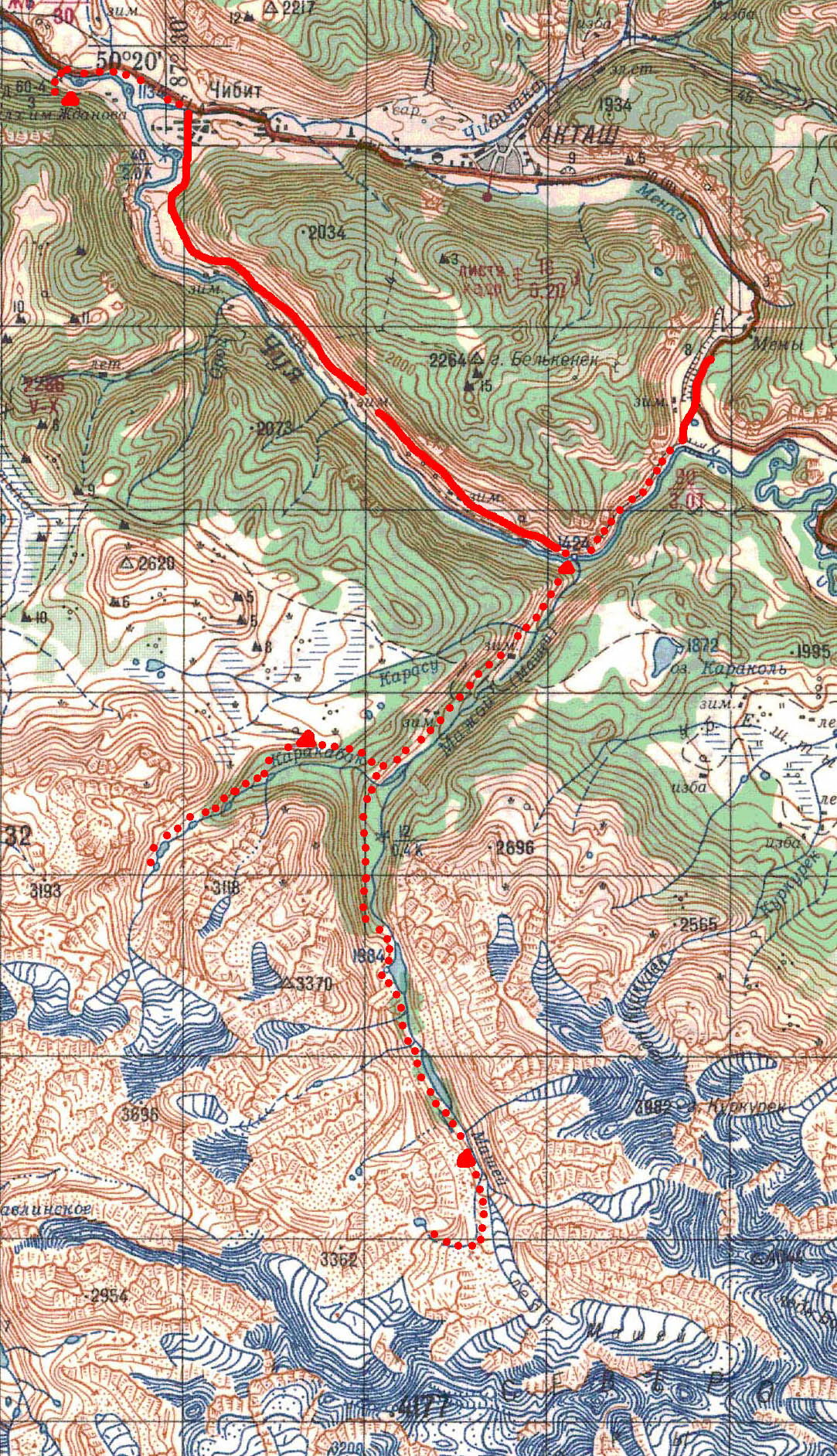 Карта пройденного маршрута. Северо-Чуйский хребет. Мажойство.