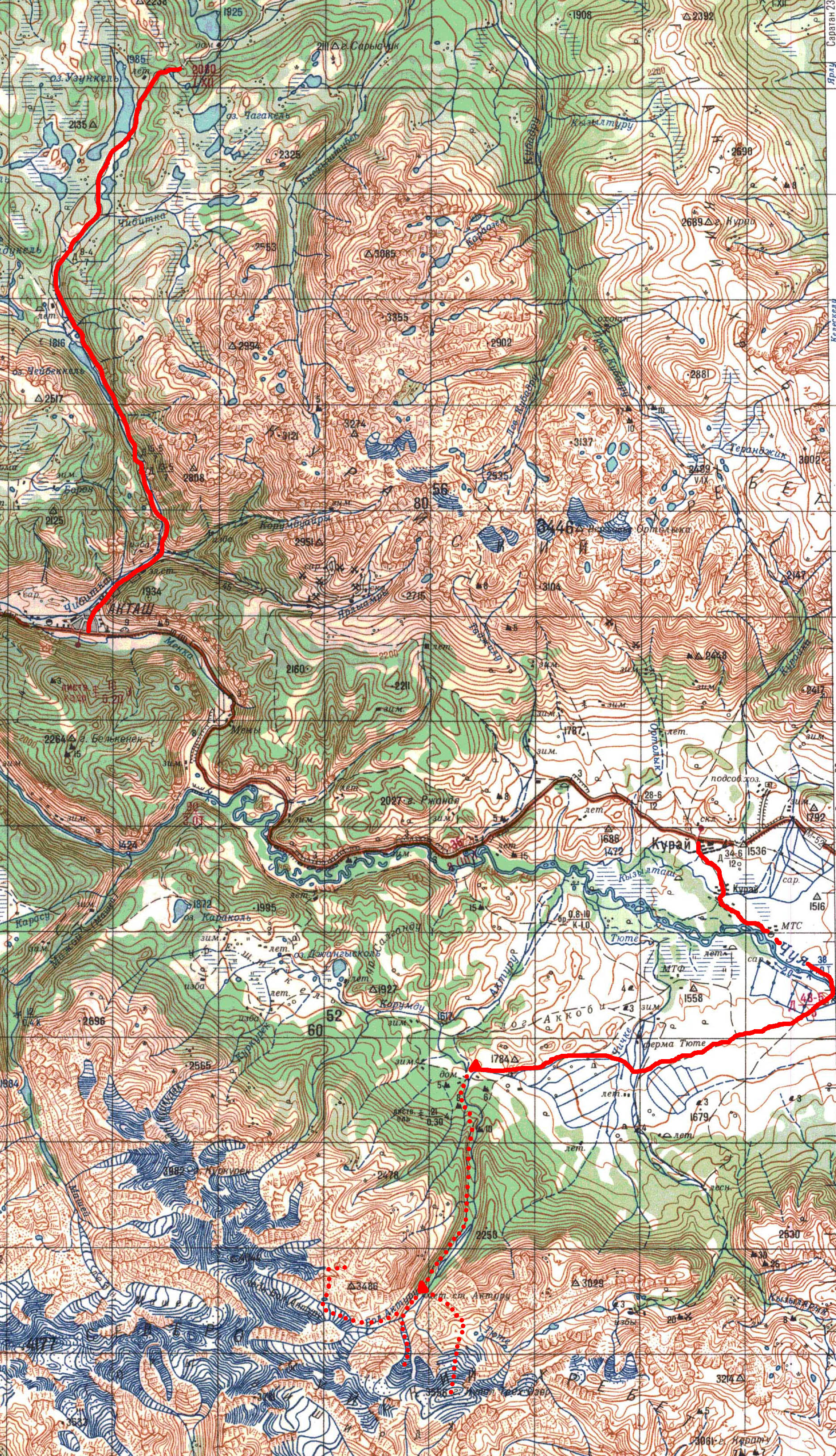 Карта пройденного маршрута. Северо-Чуйский хребет. Актруизм-2.